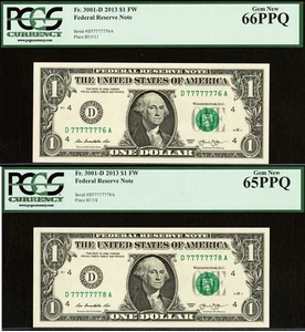 2013 $1 FRN PCGS 66PPQ - Near Solid Serial Number 77777776 & 77777778 - Picture 1 of 5