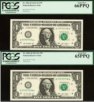 2013 $1 FRN PCGS 66PPQ - Near Solid Serial Number 77777776 & 77777778 - Image 1 of 4