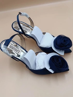 BADGLEY MISCHKA Womens Navy Blue Strapy Formal 3inch Heel sz7 Raised Rose Flower - Image 1 of 4