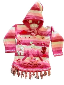 NWOT Sz 4/5 Girls Sweater Handmade Peruvian Hooded With Front Pocket Fringe - Picture 1 of 8
