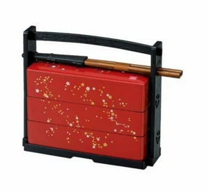 Japanische Sakura Lunch Bento Box mit Essstäbchen drei Ebenen rot 06423 S-1950 - Bild 1 von 5