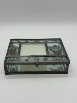 Metal & Glass Keepsake box Handpainted Flower Lid 6.5" x 5.5" x 1.75" - Image 1 of 4