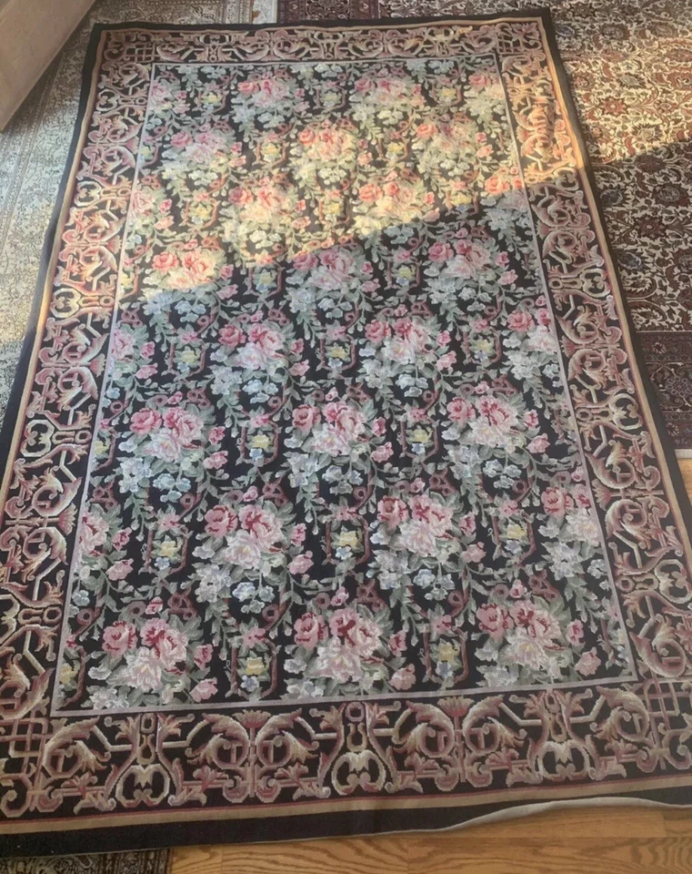 Vintage Needlepoint French Aubusson Rug  *EUC* Black Floral W/ Pink Roses 5x8ft - Image 1 of 4