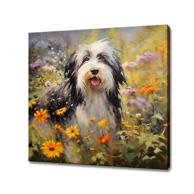 Bearded Collie Dog In Colourful Flowers, Animal Canvas Print, Gift Art - Image 1 of 4