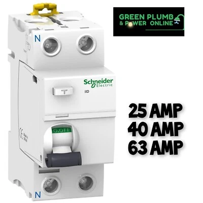SCHNEIDER 25 40 63 AMP 30mA 2 POLE RCCB RCD TYPE A-SI A9R61 ILD ACTI9 - Image 1 of 4