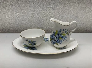 Crown Staffordshire Bone China Blue Floral Creamer Sugar Bowl & Tray England - Picture 1 of 15