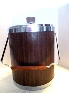 Kromex Brown Wood Covered Vinyl Silver Plated Lid/Bottom Handled Ice Bucket - Picture 1 of 6