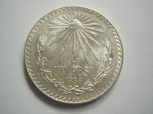 MESSICO Repubblica 1 Peso 1938 AU UNC Aquila Serpente Argento Lustro Liberty Cap Cactus - Foto 1 di 2