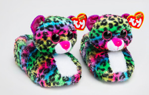 NWT TY Beanie Boo Rainbow Leopard Cat Plush Slipper Pajama Shoe Girl M L 2 3 4 5