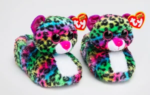 NWT TY Beanie Boo Rainbow Leopard Cat Plush Slipper Pajama Shoe Girl M L 2 3 4 5 - Picture 1 of 4