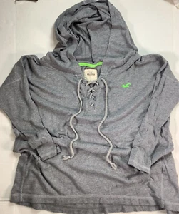 Hollister Thin Women's Hoodie, Lace up - 3/4 Sleeve - Gray, Lime Green Accent Sm - Picture 1 of 4