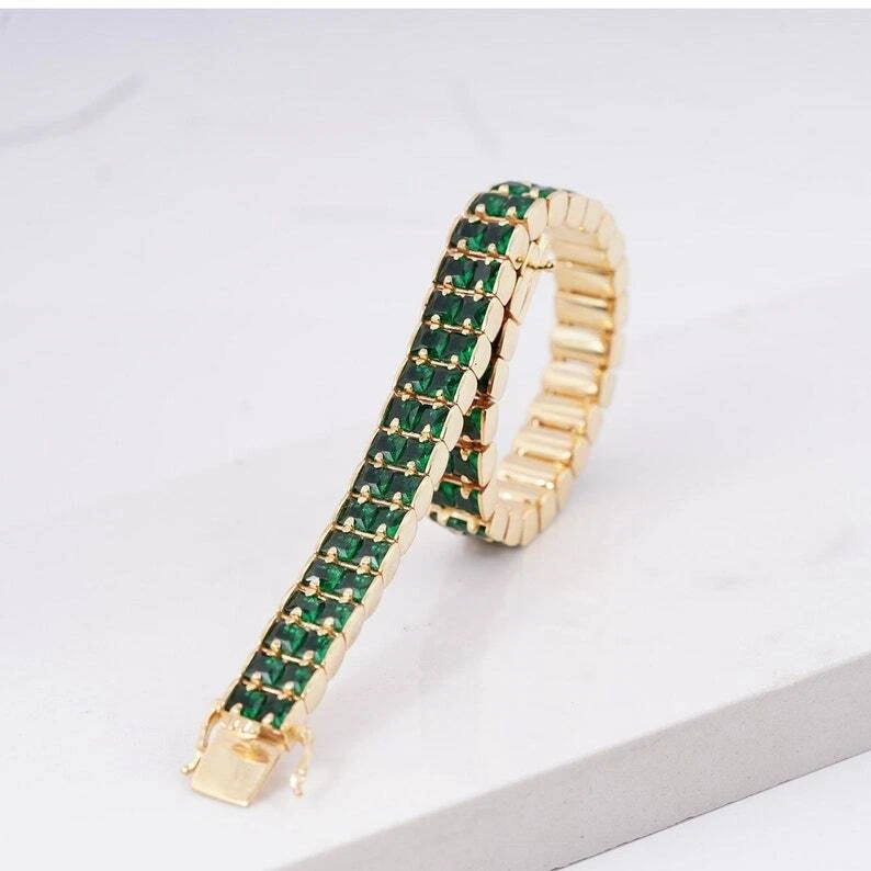 14K Yellow Gold Plated Princess Cut Lab Created Emerald Women's Bracelet - Image 1 of 4