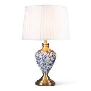 Table Lamp Hepburn Large Ceramic Ivory Pleat Shade White Blue Antique Brass 58cm - Picture 1 of 9