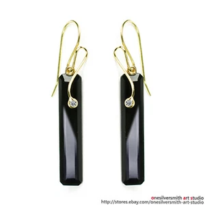 Pure 18k Gold Black Onyx Bar Earrings with " Diamond Polaris Solitaire " Earwire - Picture 1 of 10