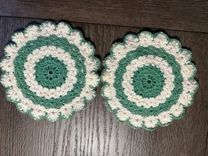 Two Vtg 6” Hand-Crocheted Cotton green & White Hot Pads Potholders Double Layer - Picture 1 of 2