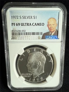 1972 S Eisenhower IKE LABEL SILVER $1 Dollar PF69 ULTRA CAMEO UCAM NGC SKU 3692 - Picture 1 of 2
