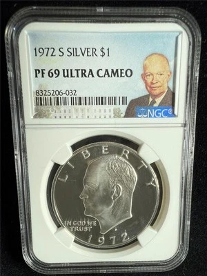 1972 S Eisenhower IKE LABEL SILVER $1 Dollar PF69 ULTRA CAMEO UCAM NGC SKU 3692 - Image 1 of 2