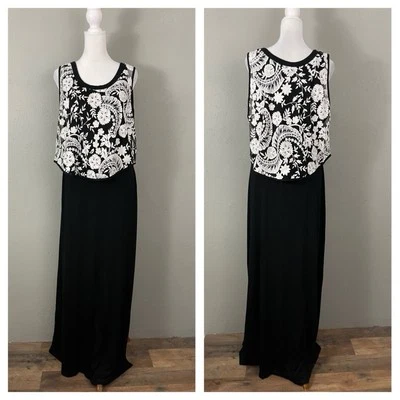 Karen Kane Black Jersey Knit Maxi Dress White Lace Overlay Size L Sleeveless - Imagem 1 de 4