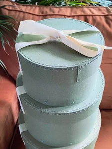 Nesting Hat Boxes Set Of 3 Sage Green Cream Ribbon Decorative Storage Boxes - Picture 1 of 12