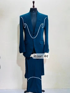 Herren blau 2-teilig Paspel bestickt Cowboy Western Nackt Anzug Hochzeit Outfit - Bild 1 von 9