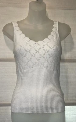 Minnie Rose White Scalloped Scoop Neck Slvls. Pointelle Knit Sweater~XS/S~Mint - Image 1 of 4