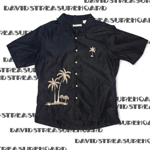 Vintage Batik Bay Men’s Hawaiian Shirt Size L Black Embroidered Palm Tree - Picture 1 of 7