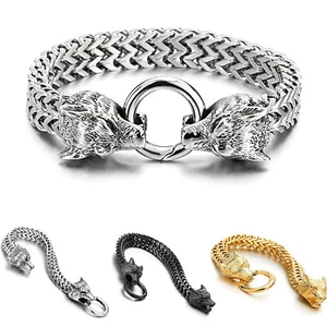 Bracciale Moda Donna Uomo Testa di Lupo Acciaio Titanio Maglia Catena Braccialetto - Foto 1 di 7