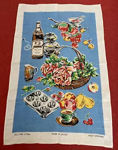 Vintage Linen Tea Towel w Fruit Wine Floral Basket Pattern Kitchen Cooking Art - Bild 1 von 10