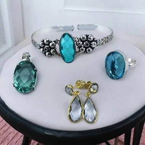 Aquamarine Jewelry sets for women Ear Ring, Ring , Bracelet , &Pendant Free Gift - Picture 1 of 11