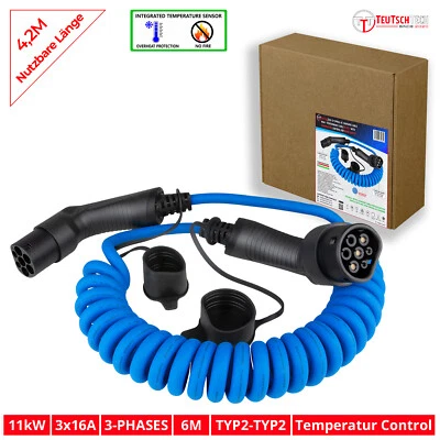 EV Charging Cable Electric Car Spiral 6M 11kW 3X16A Type2 Mode 3 Temperature Monitoring  - Image 1 of 4