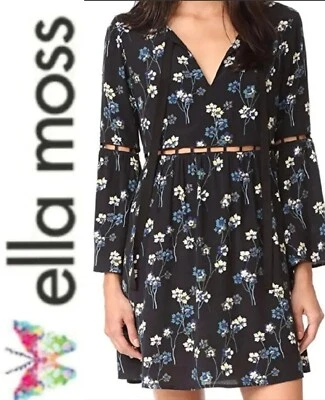 $198 Vestido ELLA MOSS Negro Multicolor Estampado Floral Corte Manga Campana ~L M3020 Foto 1 de 4