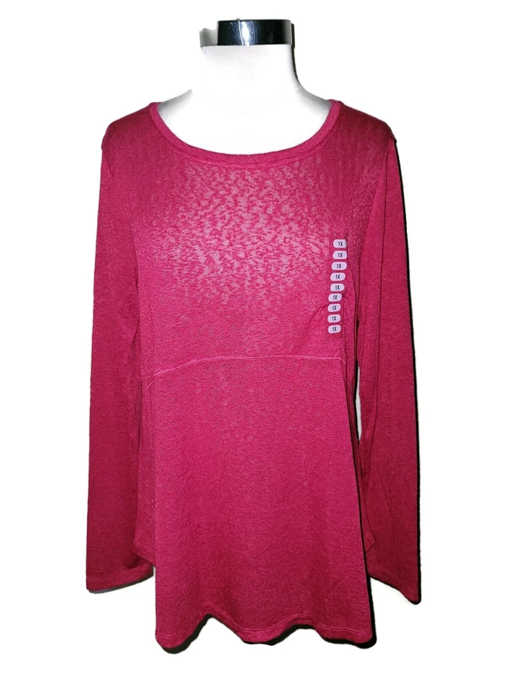 BOBEAU Plus Size 1X Shirt Top Fuchsia Pink Shirt Top Long Sleeve