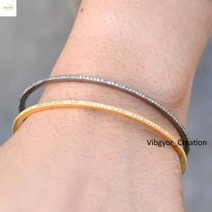 Pave Diamond Bangle 925 Sterling Silver Sleek Bangle Gold Plated Christmas Gift - Picture 1 of 10