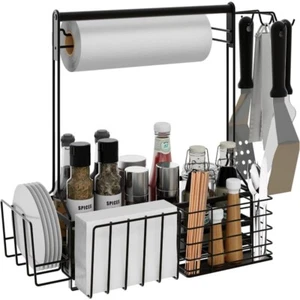 BBQ and Grill Caddy with Paper Towel Holder, Iron Steel Handle & 4 Hooks - Picture 1 of 6