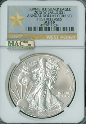 2015 W SILVER EAGLE STAR NGC MS69 PQ ANNUAL SET MAC SPOTLESS . - Image 1 of 2