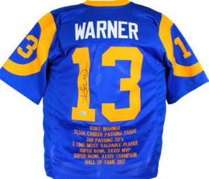 Kurt Warner Autographed Blue/Yellow Pro Style STAT Jersey-Beckett W Hologram - Picture 1 of 3