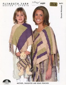 Mother, Daughter & Bear Ponchos - Plymouth KNITTING PATTERN P471 -Encore Worsted - Picture 1 of 3