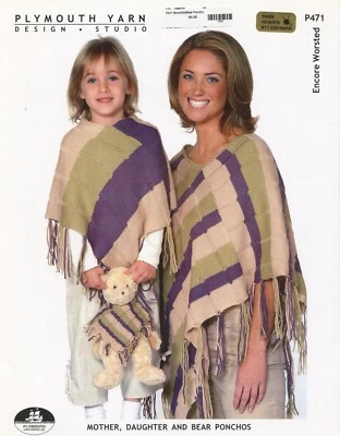 Mother, Daughter & Bear Ponchos - Plymouth KNITTING PATTERN P471 -Encore Worsted - Image 1 of 3
