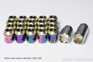 Cone Seat Neon Chrome 20pc + 2 Key m12 x 1.25 For Infiniti G37 Roadster 2010 A33 - Picture 1 of 7