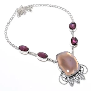 Pink Botswana Druzy, Amethyst Gemstone 925 Sterling Silver  Necklace c752 - Picture 1 of 6