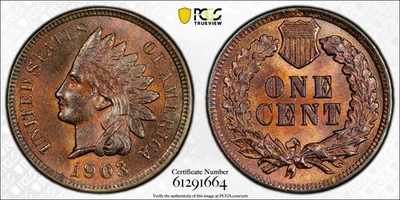 1903 Indian Head Cent PCGS 63Red Brown Gorgeous Tone! - Image 1 of 3