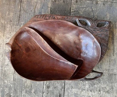 Vintage Hand Carved Fish Dark Wood Bowl Divided Tray Home Decor Boho MCM L@@K - Image 1 of 4