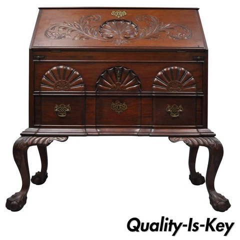 19th C Chippendale Style Mahogany Block Front Shell Carved Secretary Desk Lowboy Cover