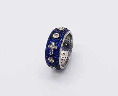 ANELLO ROSARIO A 5 LINEE BLACK RODIUM CON ZIRCONI BLU E BIANCHI RODIATI  - Immagine 1 di 2