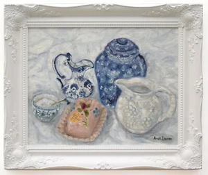 Country Kitchen Still Life Oil Painting Signed Framed Original Blue Pottery Andi - Picture 1 of 8
