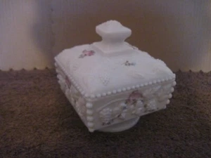 Vintage Westmoreland Hand Painted Milk Glass Candy Dish w/ Lid Beaded Edge - Picture 1 of 11