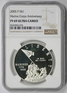 2005-P Marine Corps Anniversary Silver Commemorative $1 PF 69 Ultra Cameo NGC - Picture 1 of 4