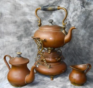 S. STERNAU CO TILTING STACKABLE COPPER & BRASS TEA SET W/BURNER PAT 1892 - Picture 1 of 23