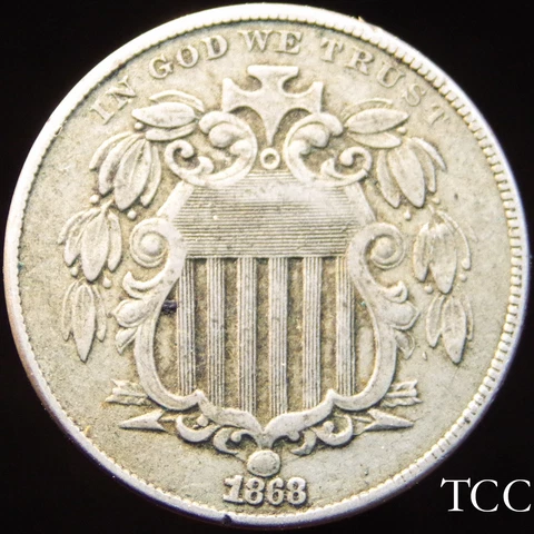 1868 SHIELD NICKEL ~  SCARCE AND BEAUTIFUL 5c COIN ~ FREE SHIPPING ~ TCC Cover