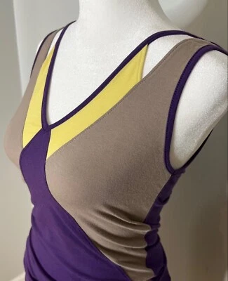 SISLEY女式拼色(紫色,灰褐色,黄色)无袖上衣,V领和背部,S — 第 1/4 张图片